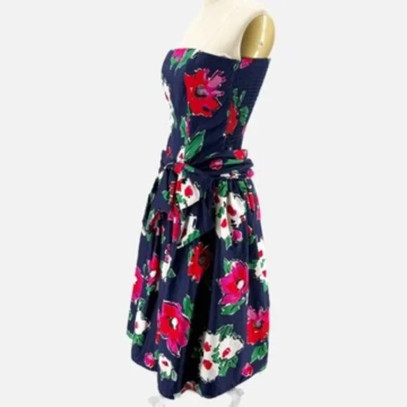 Patty O'Neil Floral Strapless Navy Blue Dress Kentucky Derby Prom 80s Vtg 6 - Picture 6 of 11